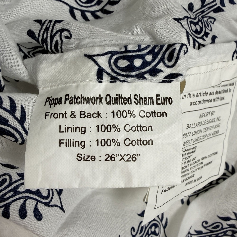 Ballard Designs Pippa Patchwork Euro Shams Blue White Cotton Quilted Paisley (3) - Picture 8 of 16
